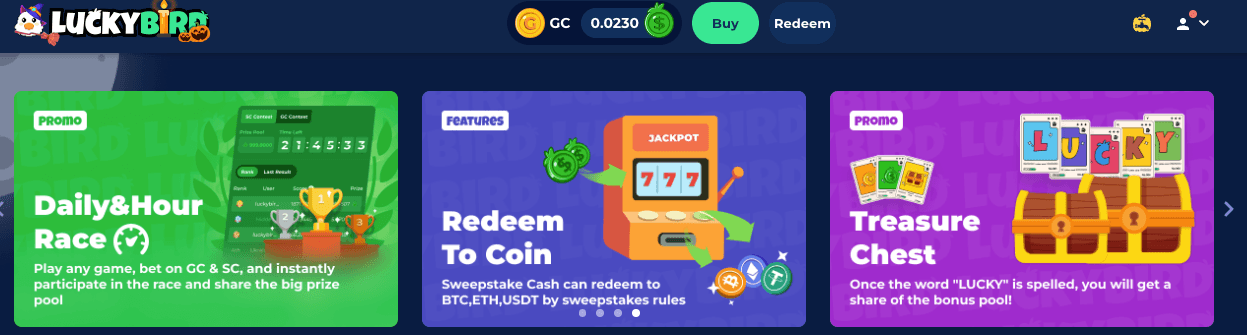 LuckyBird Social Casino home page